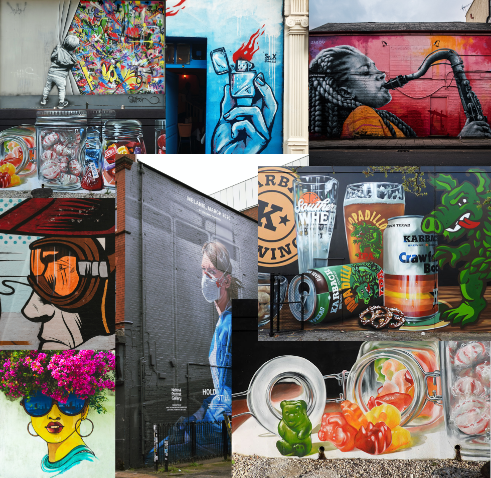 A collage of select murals and street art